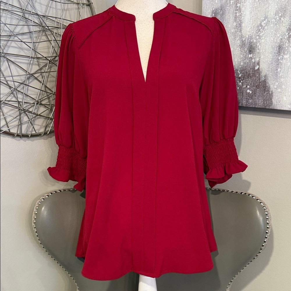 Women's Red Split-Neck Blouse